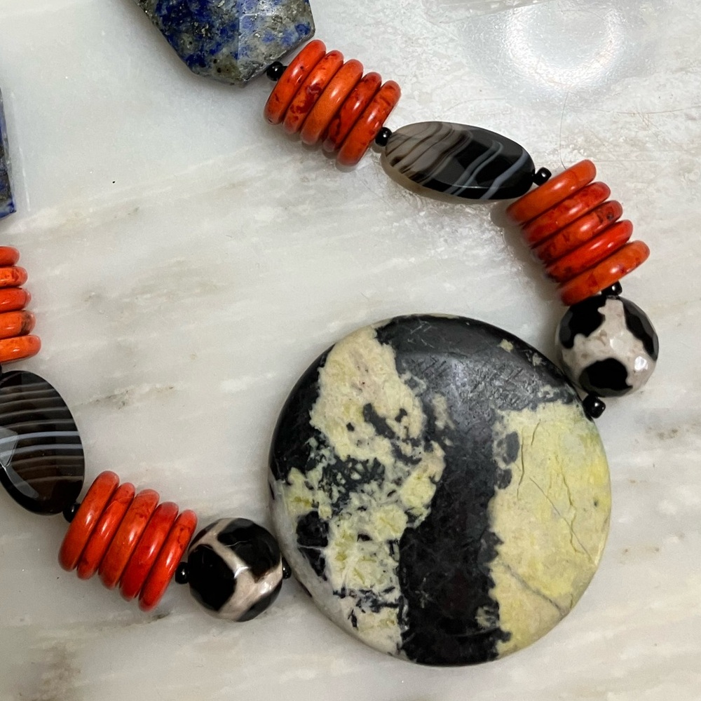 Elegant Blue and Orange Beaded Statement Necklace